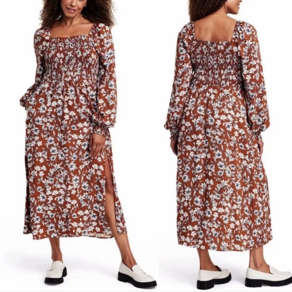 La Ligne Dresses & Skirts - LA LIGNE x TARGET White Floral Print Smocked Brown Midi Dress, size M